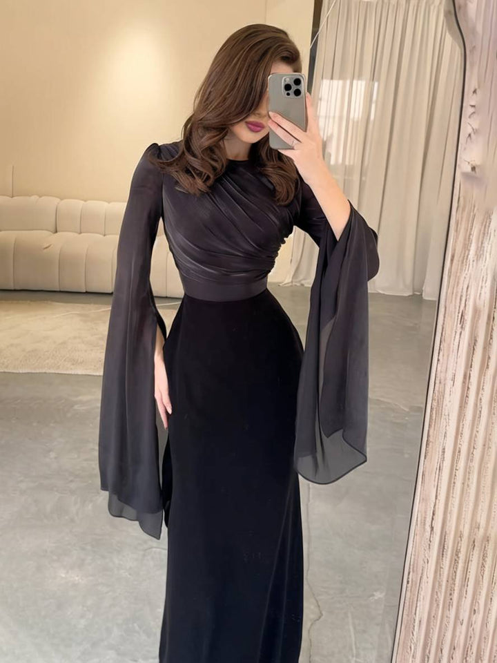Levoire | Robe Satin Longue Col Ronde Ajustée Manches Fendues Manches Longues Femme Élégante Soirée Bal Prom Cérémonie Noir