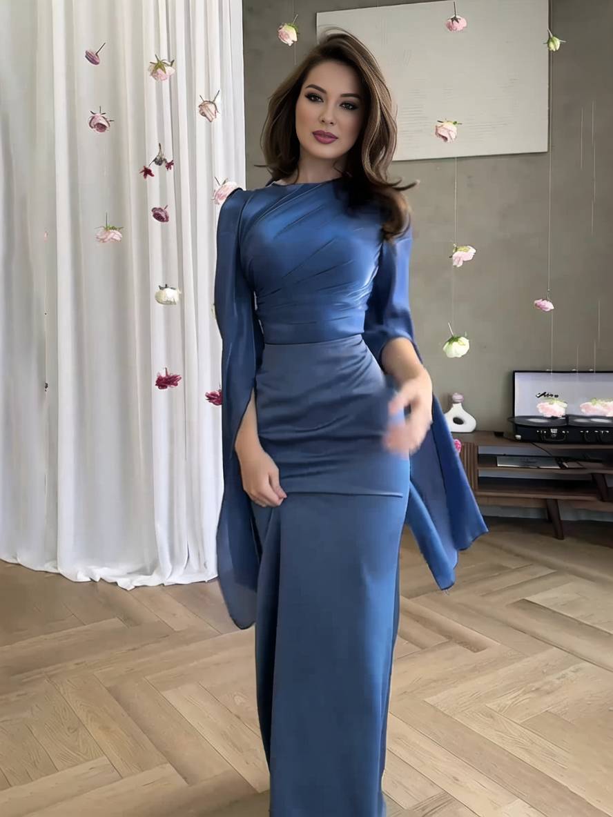 Levoire | Robe Satin Longue Col Ronde Ajustée Manches Fendues Manches Longues Femme Élégante Soirée Bal Prom Cérémonie