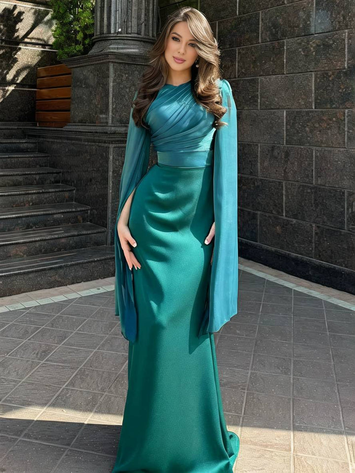 Levoire | Robe Satin Longue Col Ronde Ajustée Manches Fendues Manches Longues Femme Élégante Soirée Bal Prom Cérémonie Vert