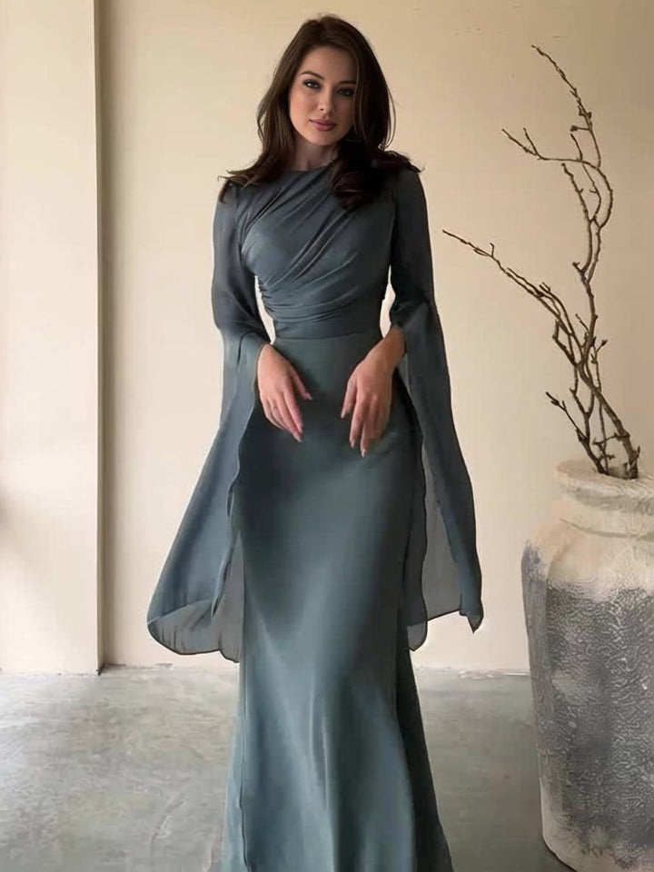 Levoire | Robe Satin Longue Col Ronde Ajustée Manches Fendues Manches Longues Femme Élégante Soirée Bal Prom Cérémonie Olive