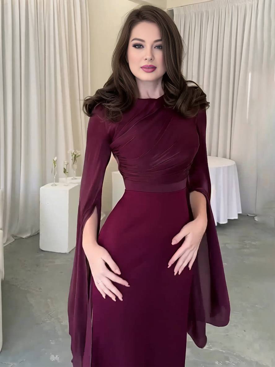 Levoire | Robe Satin Longue Col Ronde Ajustée Manches Fendues Manches Longues Femme Élégante Soirée Bal Prom Cérémonie