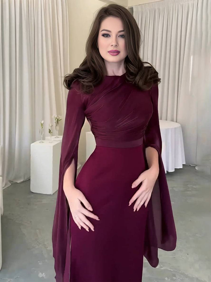 Levoire | Robe Satin Longue Col Ronde Ajustée Manches Fendues Manches Longues Femme Élégante Soirée Bal Prom Cérémonie