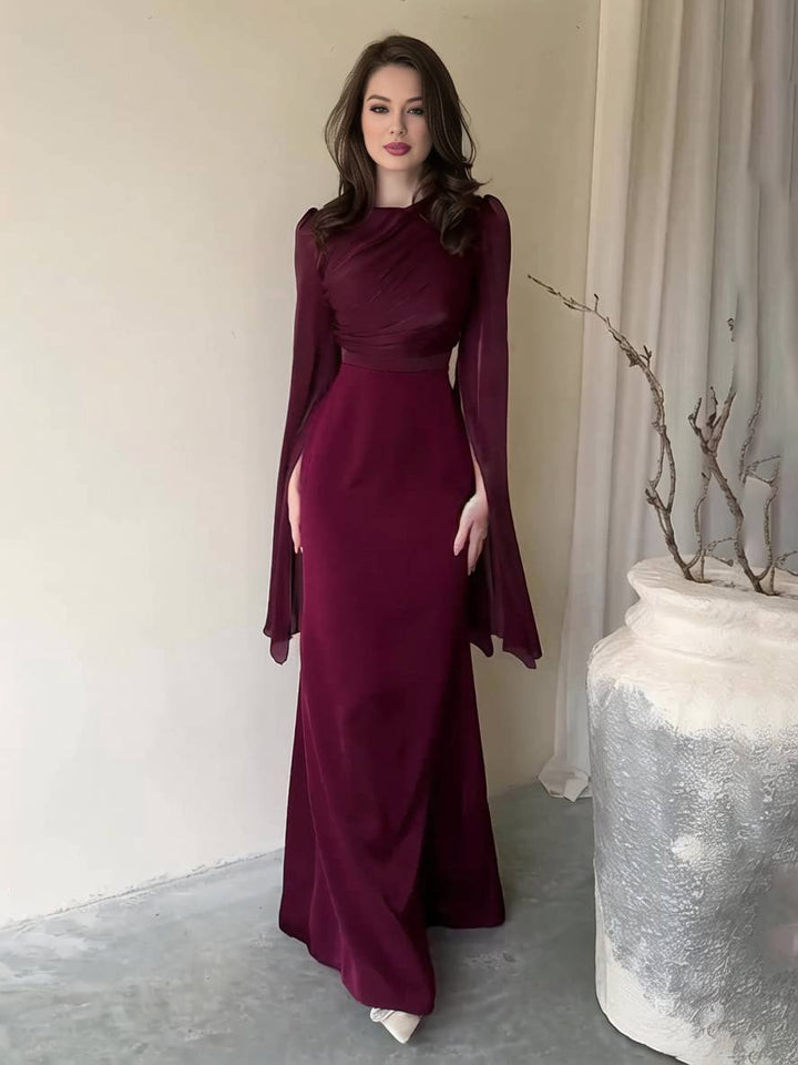 Levoire | Robe Satin Longue Col Ronde Ajustée Manches Fendues Manches Longues Femme Élégante Soirée Bal Prom Cérémonie Bordeaux