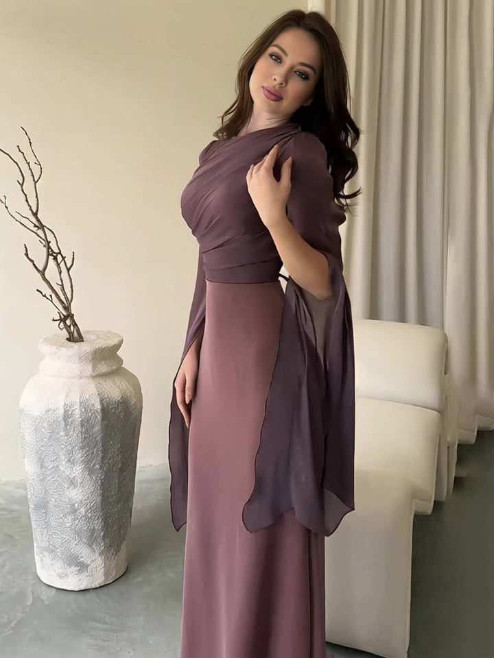 Levoire | Robe Satin Longue Col Ronde Ajustée Manches Fendues Manches Longues Femme Élégante Soirée Bal Prom Cérémonie