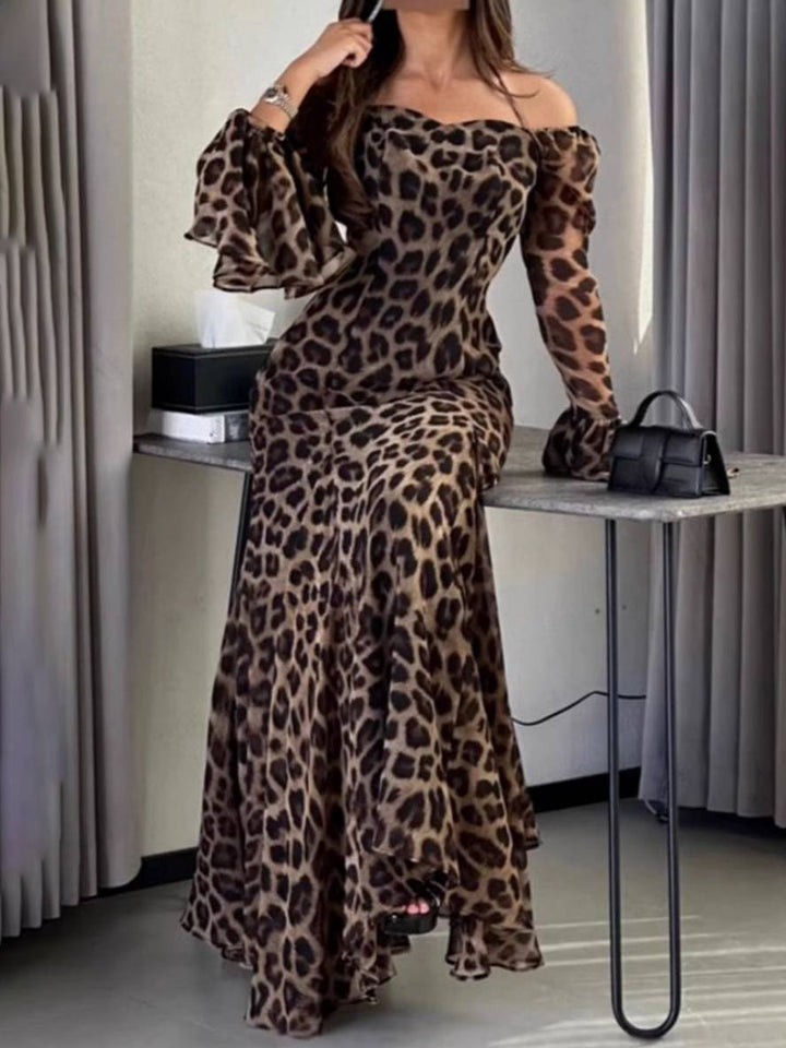 Levoire | Robe Longue En Chiffon Léopard Sans Épaules Col Dos Nu Manches Évasées Manches Longues Pour Femmes Élégante Bal De Fin D'Année Noir