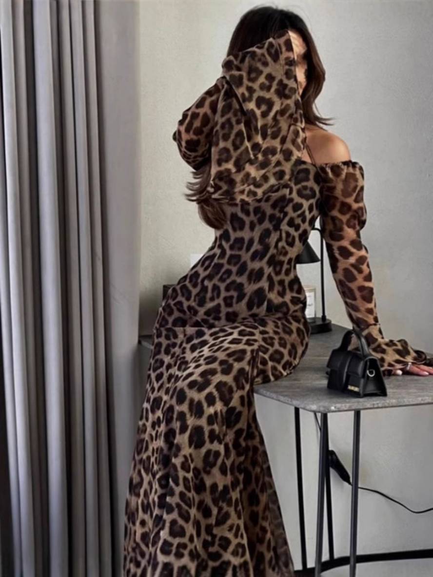 Levoire | Robe Longue En Chiffon Léopard Sans Épaules Col Dos Nu Manches Évasées Manches Longues Pour Femmes Élégante Bal De Fin D'Année