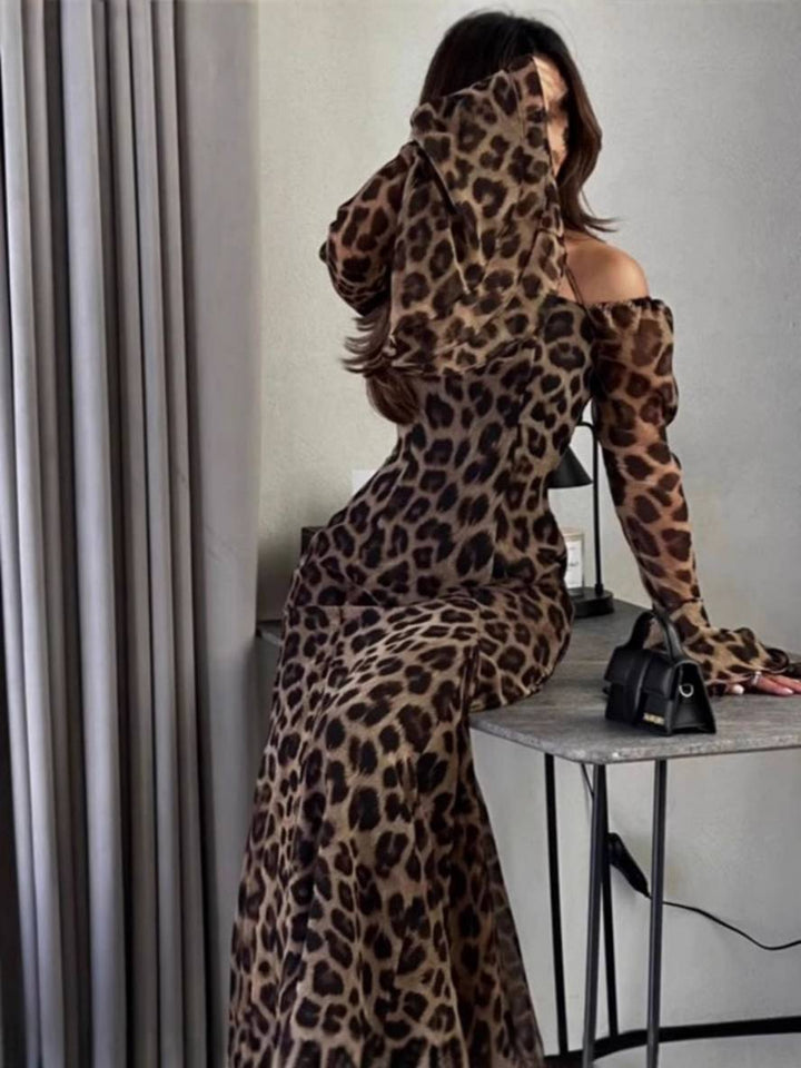 Levoire | Robe Longue En Chiffon Léopard Sans Épaules Col Dos Nu Manches Évasées Manches Longues Pour Femmes Élégante Bal De Fin D'Année