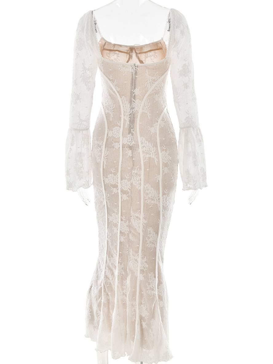 Levoire | Robe Longue En Bustier En Dentelle Ajustée, Dos Ouvert, Décolleté Carré, Manches À Godets, Sirène, Élégante, Bal De Fin D'Année