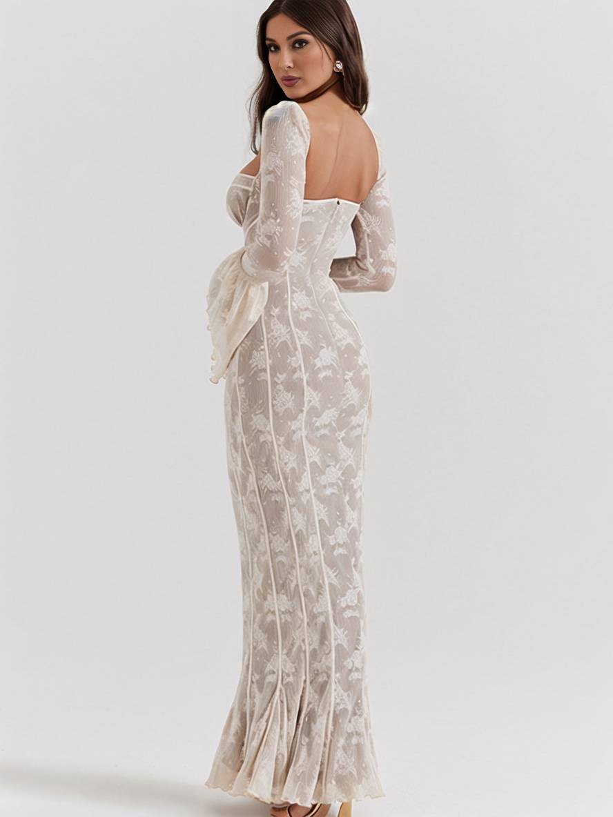 Levoire | Robe Longue En Bustier En Dentelle Ajustée, Dos Ouvert, Décolleté Carré, Manches À Godets, Sirène, Élégante, Bal De Fin D'Année