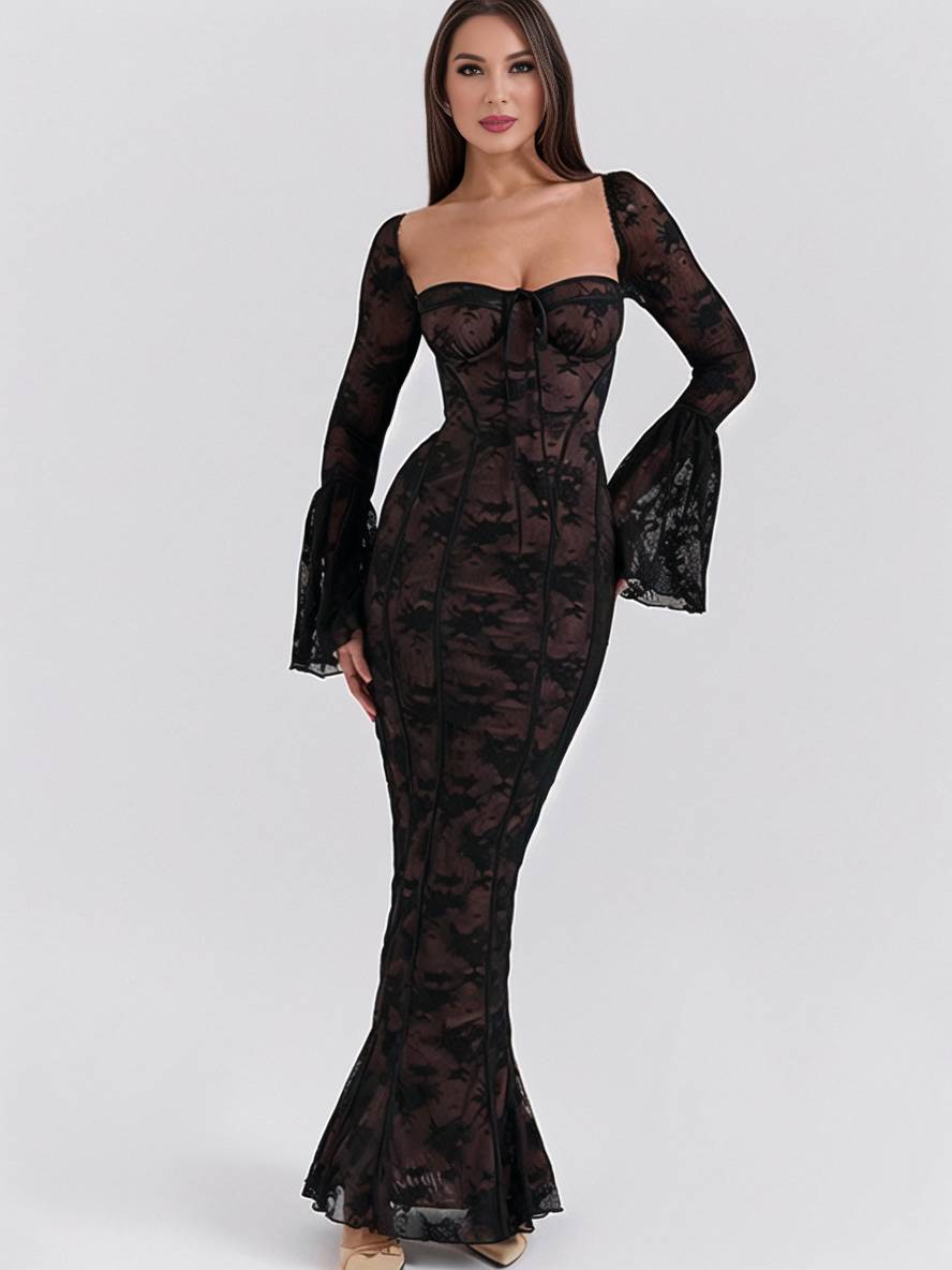 Levoire | Robe Longue En Bustier En Dentelle Ajustée, Dos Ouvert, Décolleté Carré, Manches À Godets, Sirène, Élégante, Bal De Fin D'Année Noir