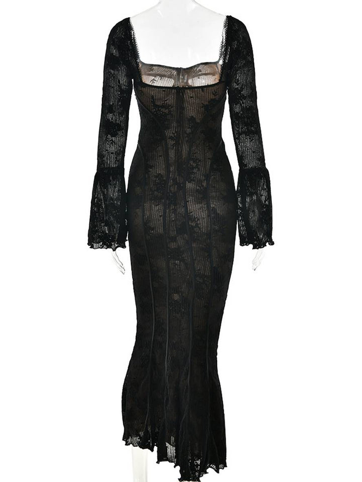 Levoire | Robe Longue En Bustier En Dentelle Ajustée, Dos Ouvert, Décolleté Carré, Manches À Godets, Sirène, Élégante, Bal De Fin D'Année