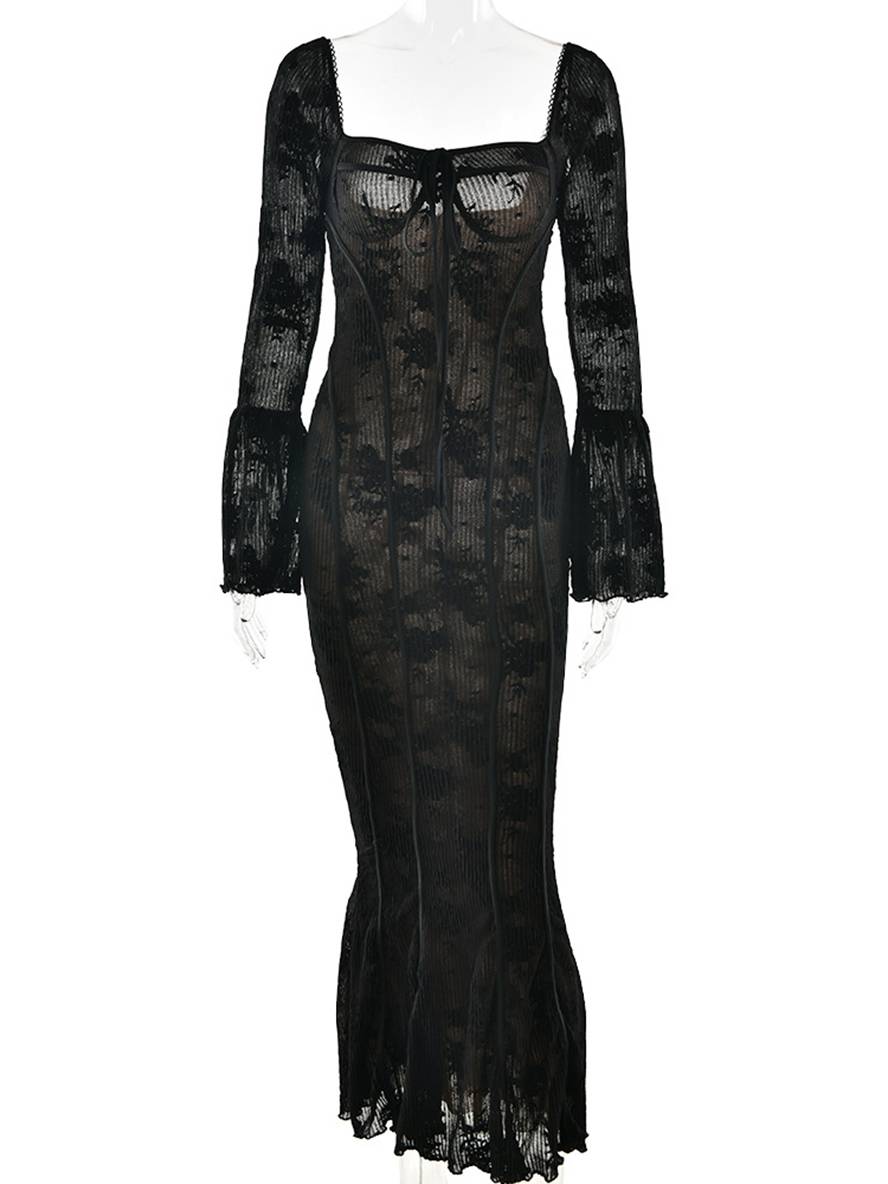 Levoire | Robe Longue En Bustier En Dentelle Ajustée, Dos Ouvert, Décolleté Carré, Manches À Godets, Sirène, Élégante, Bal De Fin D'Année