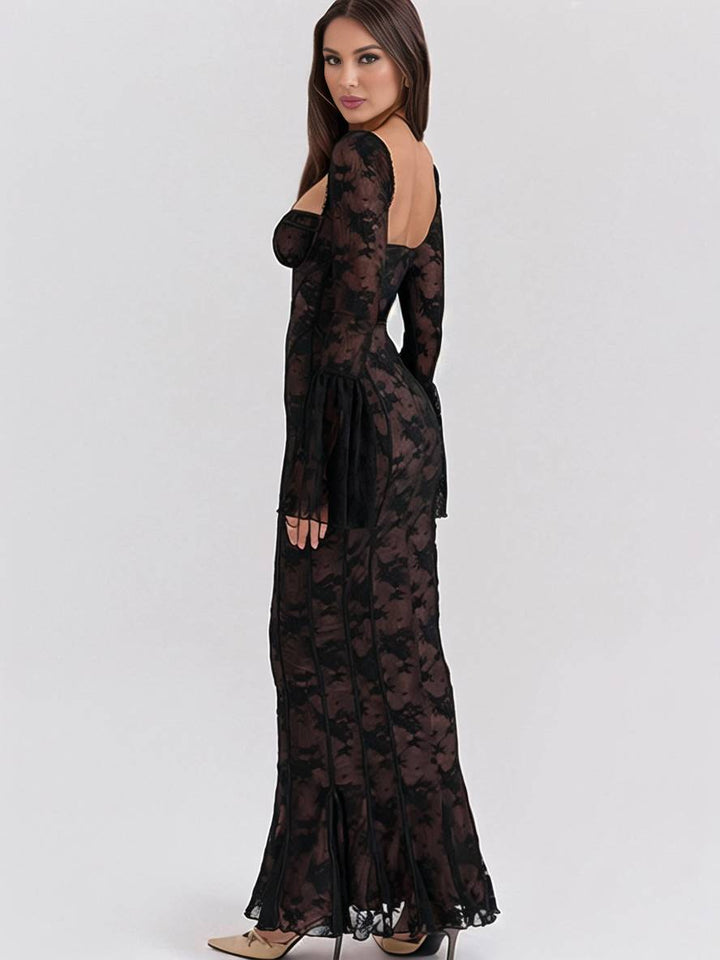 Levoire | Robe Longue En Bustier En Dentelle Ajustée, Dos Ouvert, Décolleté Carré, Manches À Godets, Sirène, Élégante, Bal De Fin D'Année