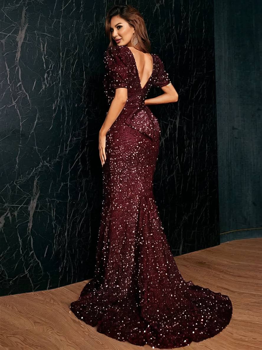 Levoire | Robe D'Été À Manches Courtes À Décolleté En V Scintillante Avec Paillettes Sirène Dos Nu Nœud Femme Élégante Soirée