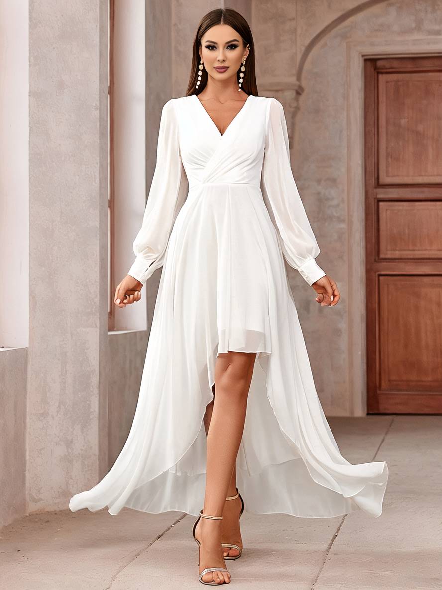 Levoire | Robe De Soirée Longue Pour Mariage Décolleté En V Manches Longues Femmes Élégante Décontractée Bal De Fin D'Année Blanc