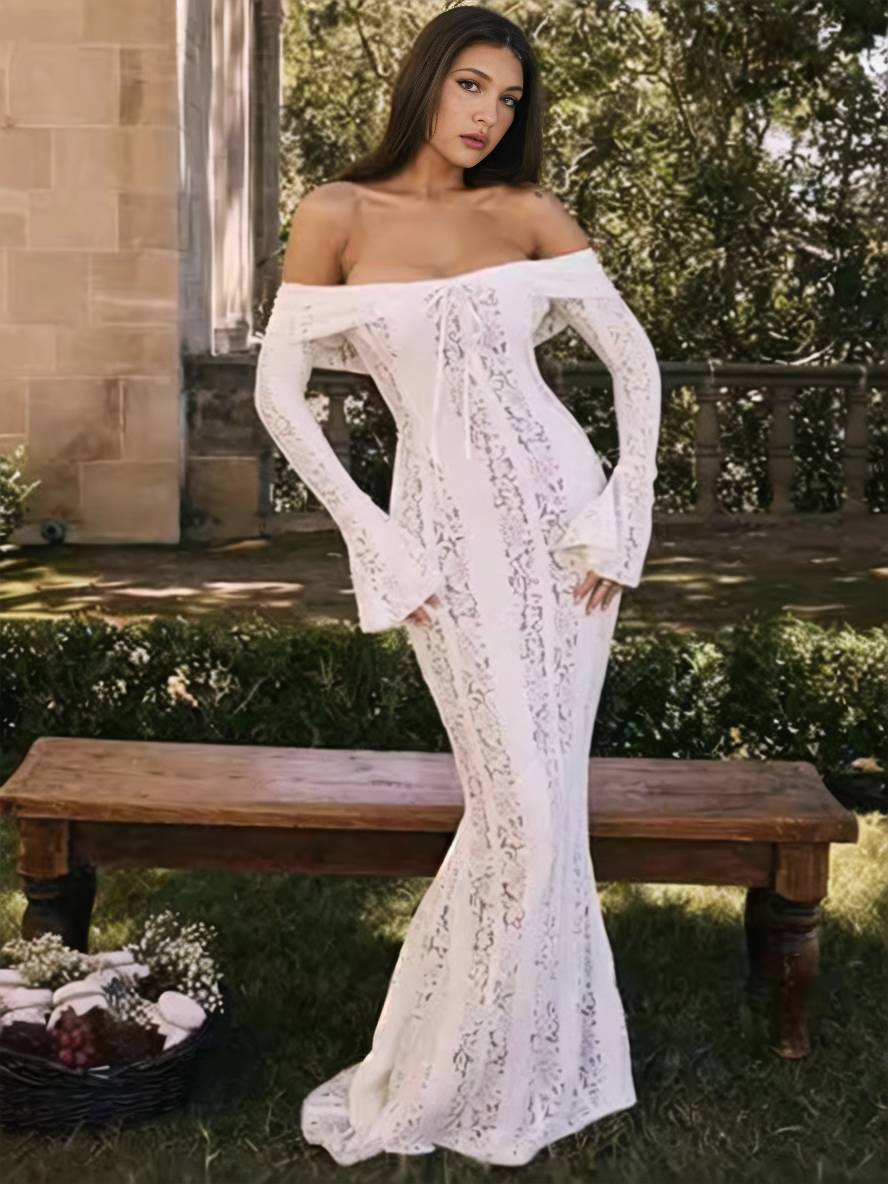 Levoire | Robe Longue À Manches Larges En Dentelle À Décolleté Plongeant Sirène Pour Dames, Élégante Robe De Soirée Pour Mariage Blanc