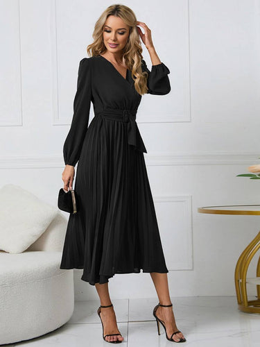 Levoire | Robe Trapèze Plissée Longue Décolleté En V Ceinture Manches Longues Dames Élégante Vintage Soirée Bal Bal De Fin D'Année