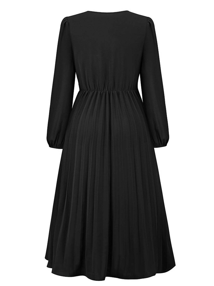 Levoire | Robe Trapèze Plissée Longue Décolleté En V Ceinture Manches Longues Dames Élégante Vintage Soirée Bal Bal De Fin D'Année