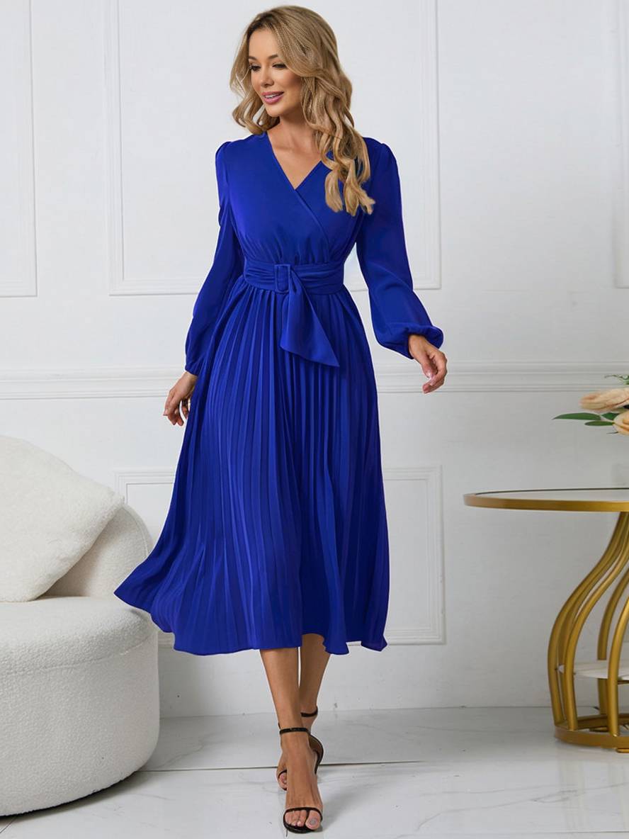 Levoire | Robe Trapèze Plissée Longue Décolleté En V Ceinture Manches Longues Dames Élégante Vintage Soirée Bal Bal De Fin D'Année Bleu