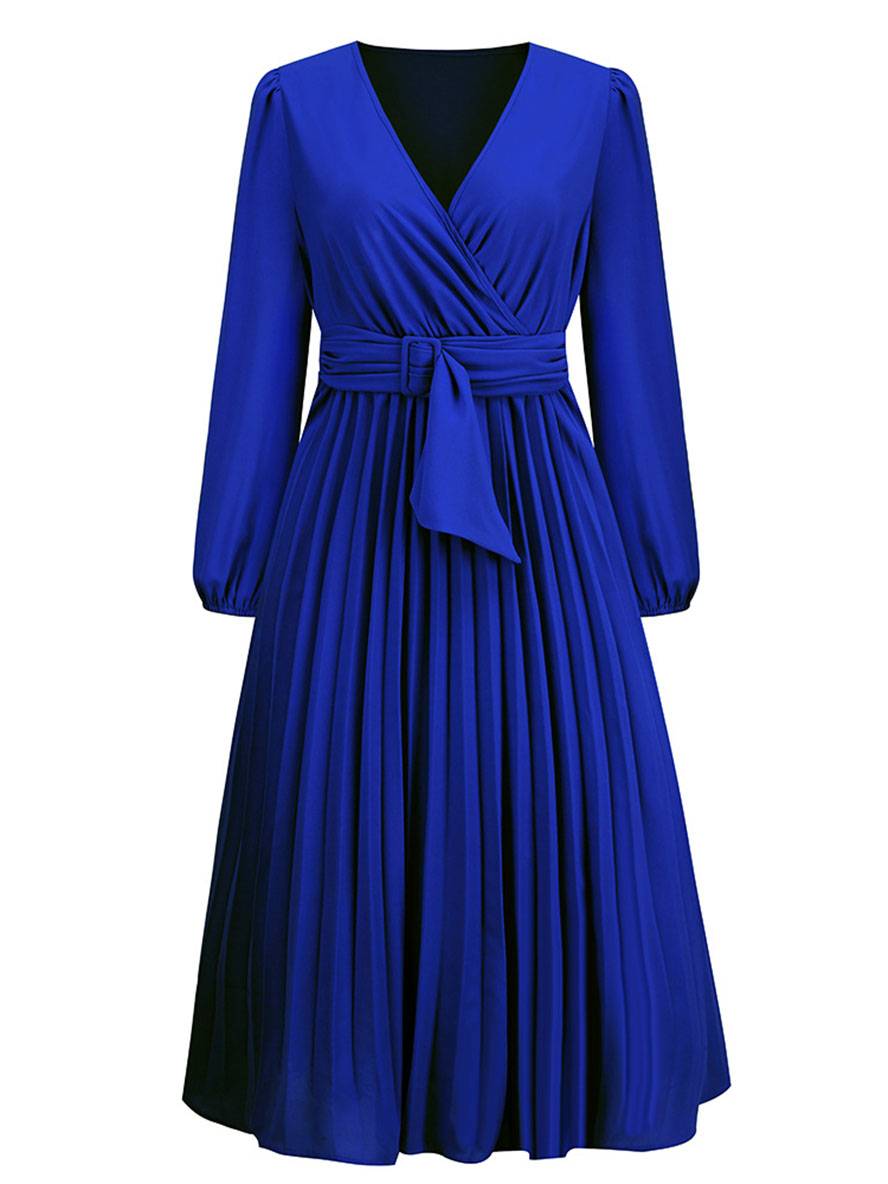 Levoire | Robe Trapèze Plissée Longue Décolleté En V Ceinture Manches Longues Dames Élégante Vintage Soirée Bal Bal De Fin D'Année