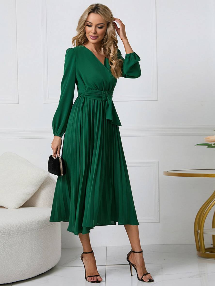 Levoire | Robe Trapèze Plissée Longue Décolleté En V Ceinture Manches Longues Dames Élégante Vintage Soirée Bal Bal De Fin D'Année