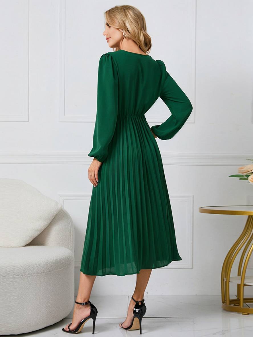 Levoire | Robe Trapèze Plissée Longue Décolleté En V Ceinture Manches Longues Dames Élégante Vintage Soirée Bal Bal De Fin D'Année