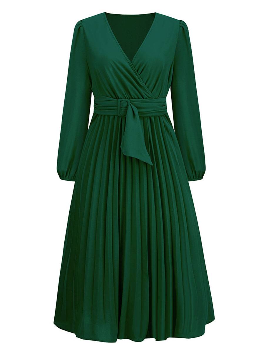 Levoire | Robe Trapèze Plissée Longue Décolleté En V Ceinture Manches Longues Dames Élégante Vintage Soirée Bal Bal De Fin D'Année
