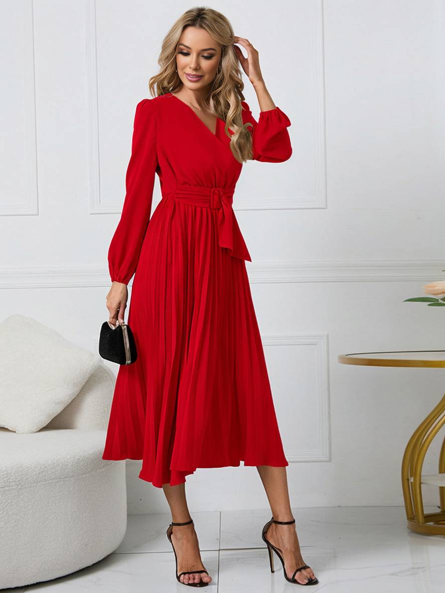 Levoire | Robe Trapèze Plissée Longue Décolleté En V Ceinture Manches Longues Dames Élégante Vintage Soirée Bal Bal De Fin D'Année