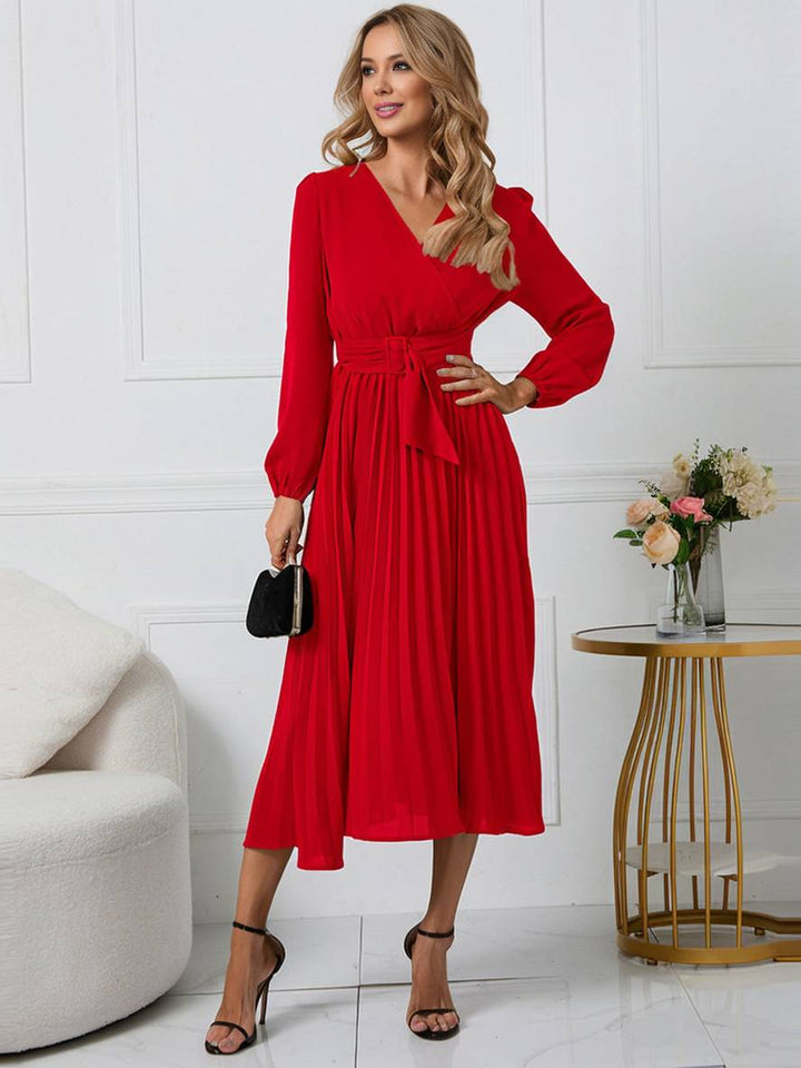 Levoire | Robe Trapèze Plissée Longue Décolleté En V Ceinture Manches Longues Dames Élégante Vintage Soirée Bal Bal De Fin D'Année
