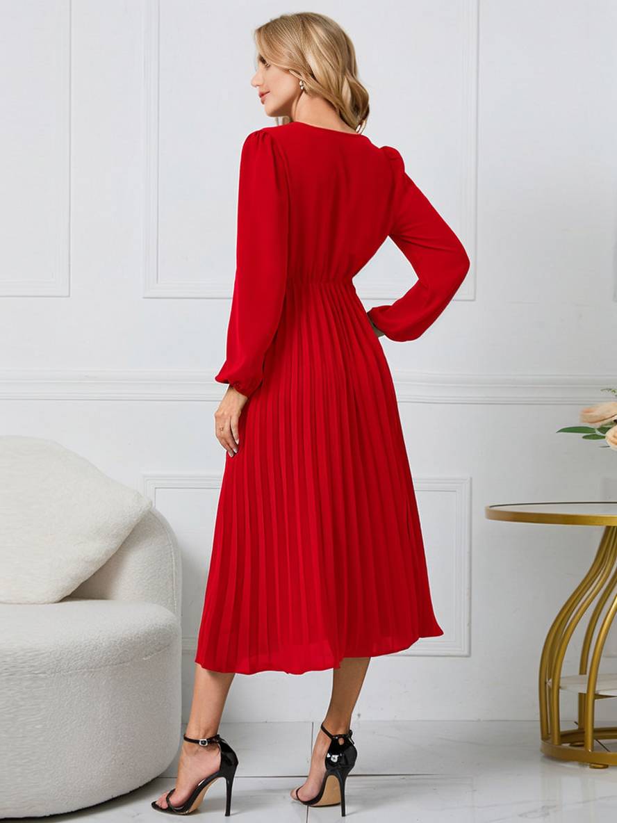 Levoire | Robe Trapèze Plissée Longue Décolleté En V Ceinture Manches Longues Dames Élégante Vintage Soirée Bal Bal De Fin D'Année