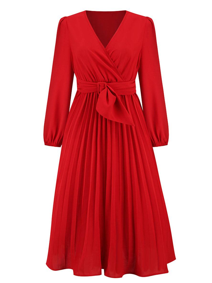 Levoire | Robe Trapèze Plissée Longue Décolleté En V Ceinture Manches Longues Dames Élégante Vintage Soirée Bal Bal De Fin D'Année