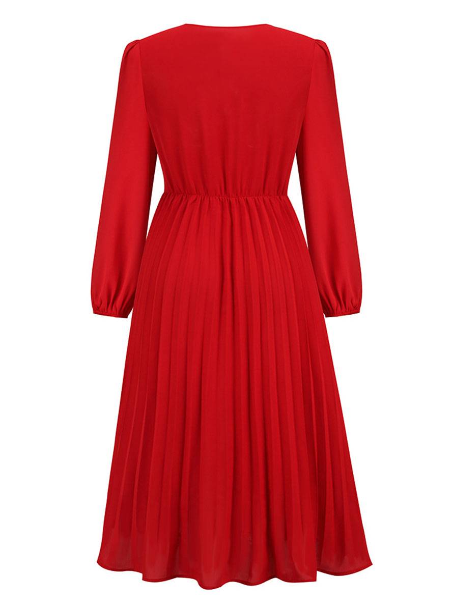 Levoire | Robe Trapèze Plissée Longue Décolleté En V Ceinture Manches Longues Dames Élégante Vintage Soirée Bal Bal De Fin D'Année