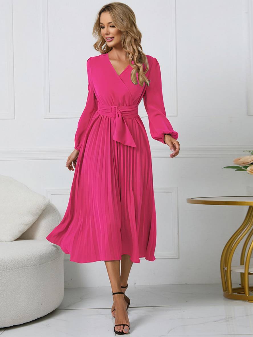 Levoire | Robe Trapèze Plissée Longue Décolleté En V Ceinture Manches Longues Dames Élégante Vintage Soirée Bal Bal De Fin D'Année Framboise