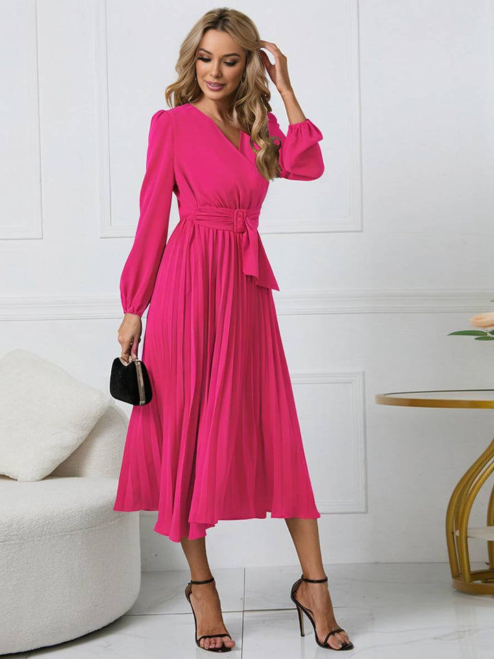 Levoire | Robe Trapèze Plissée Longue Décolleté En V Ceinture Manches Longues Dames Élégante Vintage Soirée Bal Bal De Fin D'Année