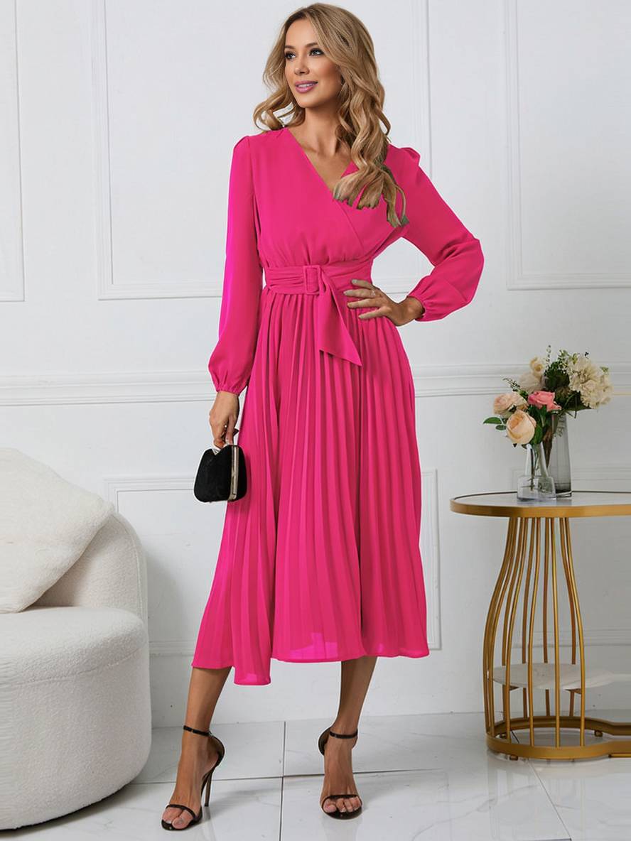Levoire | Robe Trapèze Plissée Longue Décolleté En V Ceinture Manches Longues Dames Élégante Vintage Soirée Bal Bal De Fin D'Année