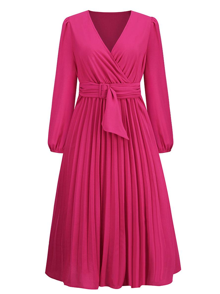 Levoire | Robe Trapèze Plissée Longue Décolleté En V Ceinture Manches Longues Dames Élégante Vintage Soirée Bal Bal De Fin D'Année