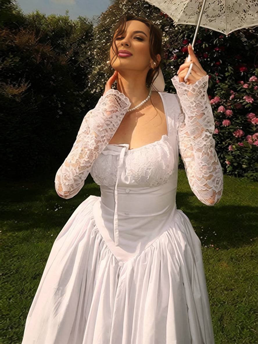 Levoire | Robe Longue En Dentelle Avec Décolleté Carré Robe Élégante Vintage Pour Cocktail De Prom Pour Femme À Manches Longues