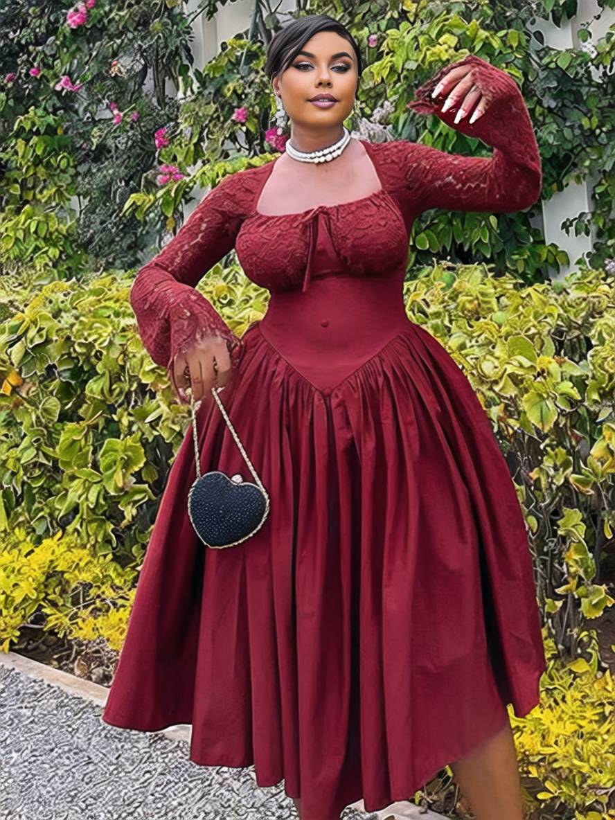 Levoire | Robe Longue En Dentelle Avec Décolleté Carré Robe Élégante Vintage Pour Cocktail De Prom Pour Femme À Manches Longues Rot