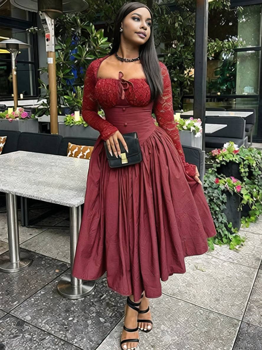 Levoire | Robe Longue En Dentelle Avec Décolleté Carré Robe Élégante Vintage Pour Cocktail De Prom Pour Femme À Manches Longues