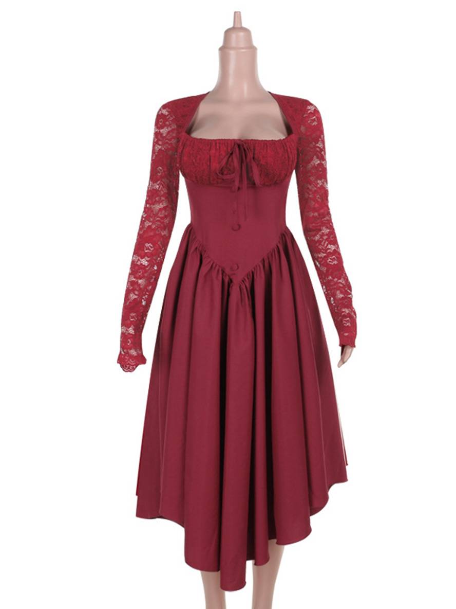 Levoire | Robe Longue En Dentelle Avec Décolleté Carré Robe Élégante Vintage Pour Cocktail De Prom Pour Femme À Manches Longues