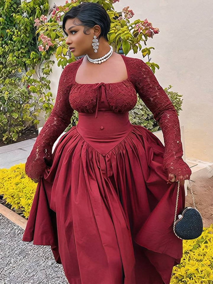 Levoire | Robe Longue En Dentelle Avec Décolleté Carré Robe Élégante Vintage Pour Cocktail De Prom Pour Femme À Manches Longues