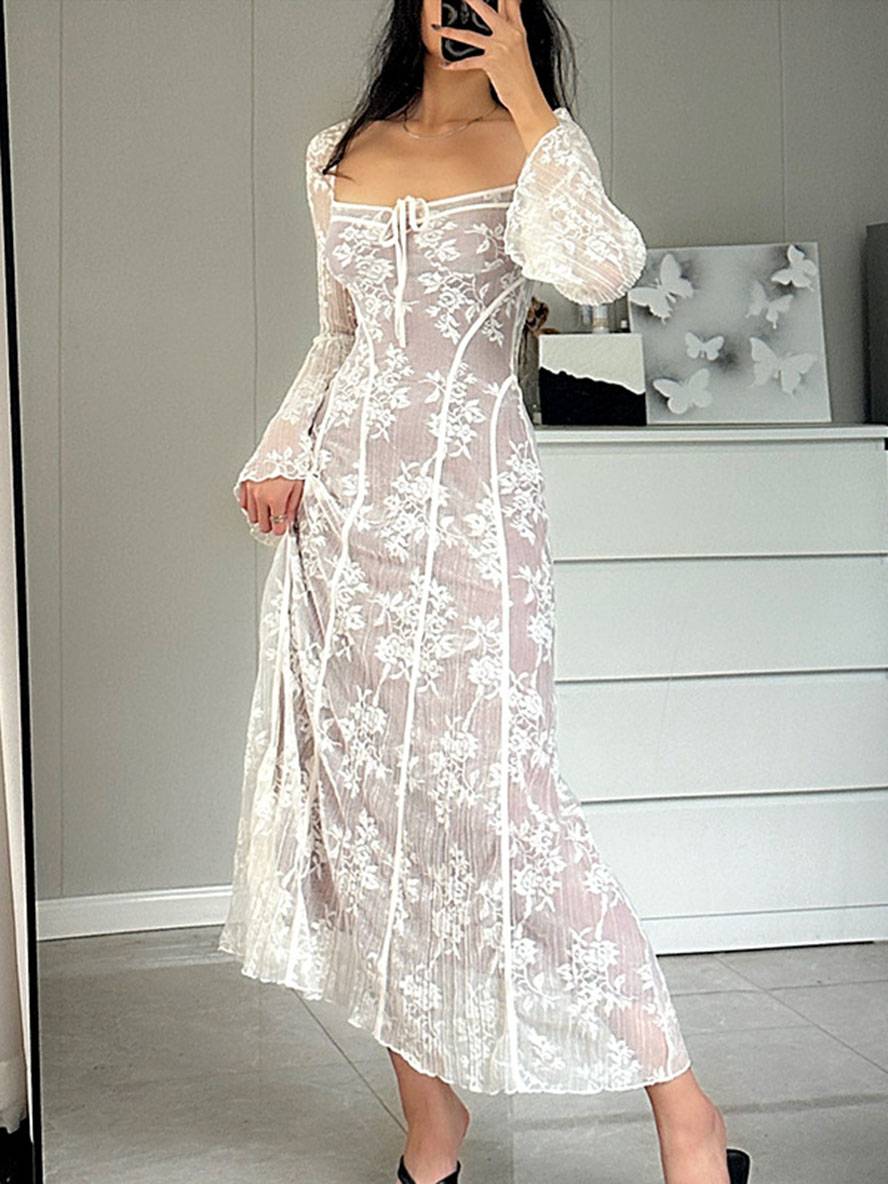 Levoire | Robe Longue En Dentelle Bustier Décolleté Carré Manches Évasées Manches Longues Élégant Vintage Bal De Fin D'Année