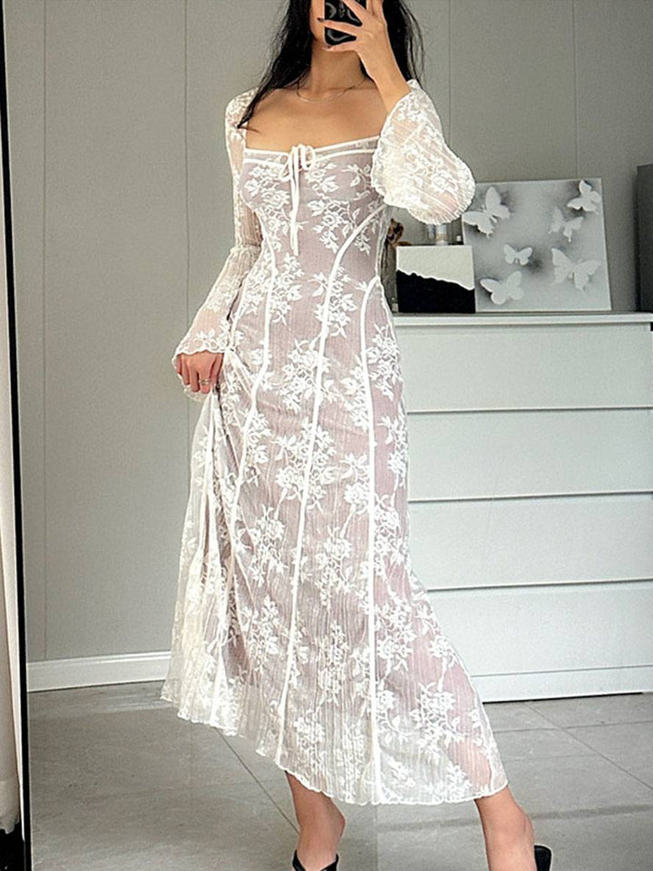 Levoire | Robe Longue En Dentelle Bustier Décolleté Carré Manches Évasées Manches Longues Élégant Vintage Bal De Fin D'Année