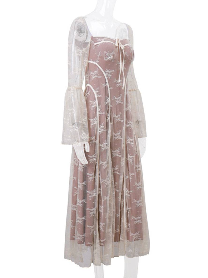 Levoire | Robe Longue En Dentelle Bustier Décolleté Carré Manches Évasées Manches Longues Élégant Vintage Bal De Fin D'Année