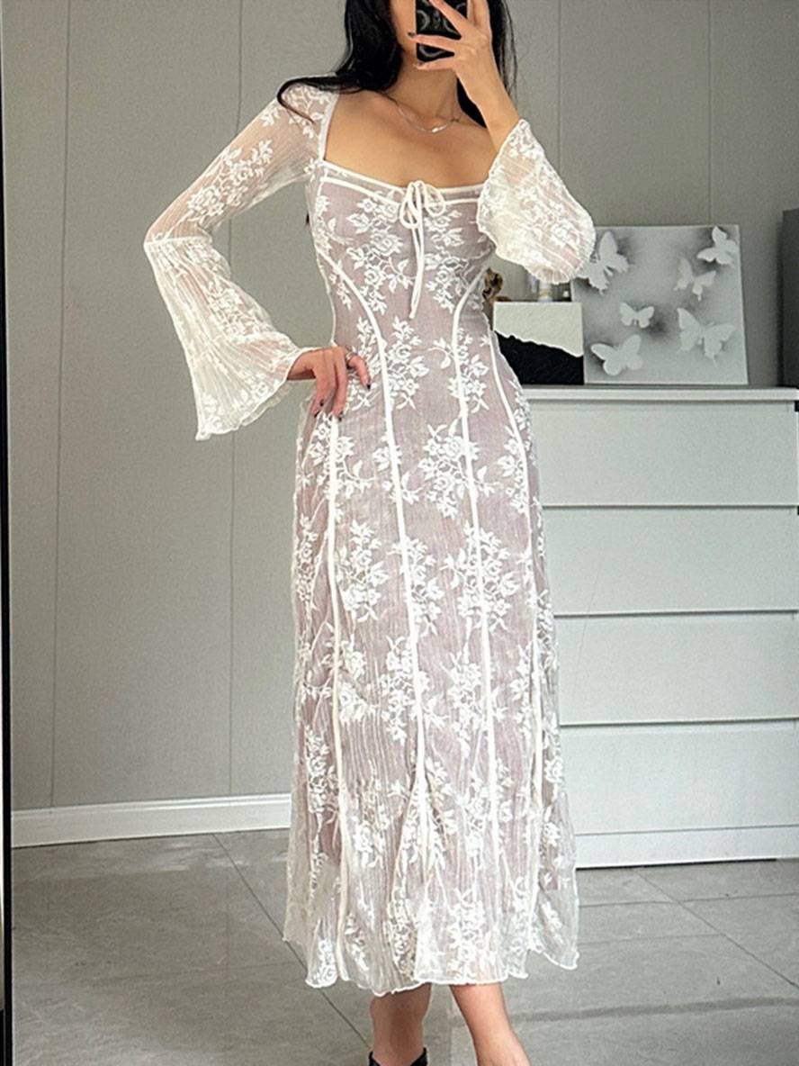 Levoire | Robe Longue En Dentelle Bustier Décolleté Carré Manches Évasées Manches Longues Élégant Vintage Bal De Fin D'Année