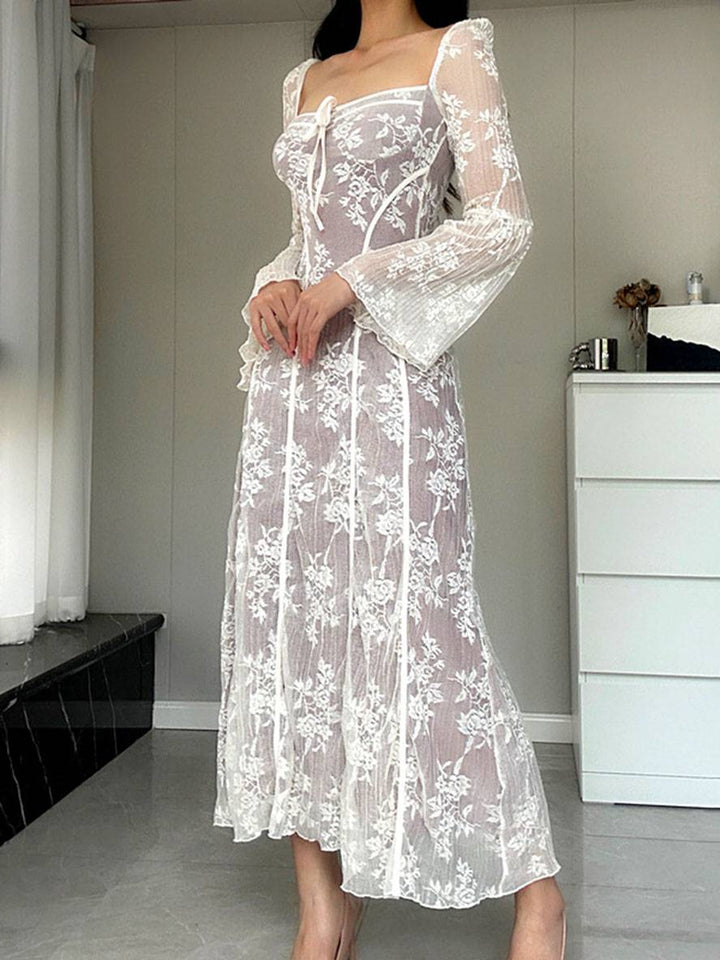 Levoire | Robe Longue En Dentelle Bustier Décolleté Carré Manches Évasées Manches Longues Élégant Vintage Bal De Fin D'Année