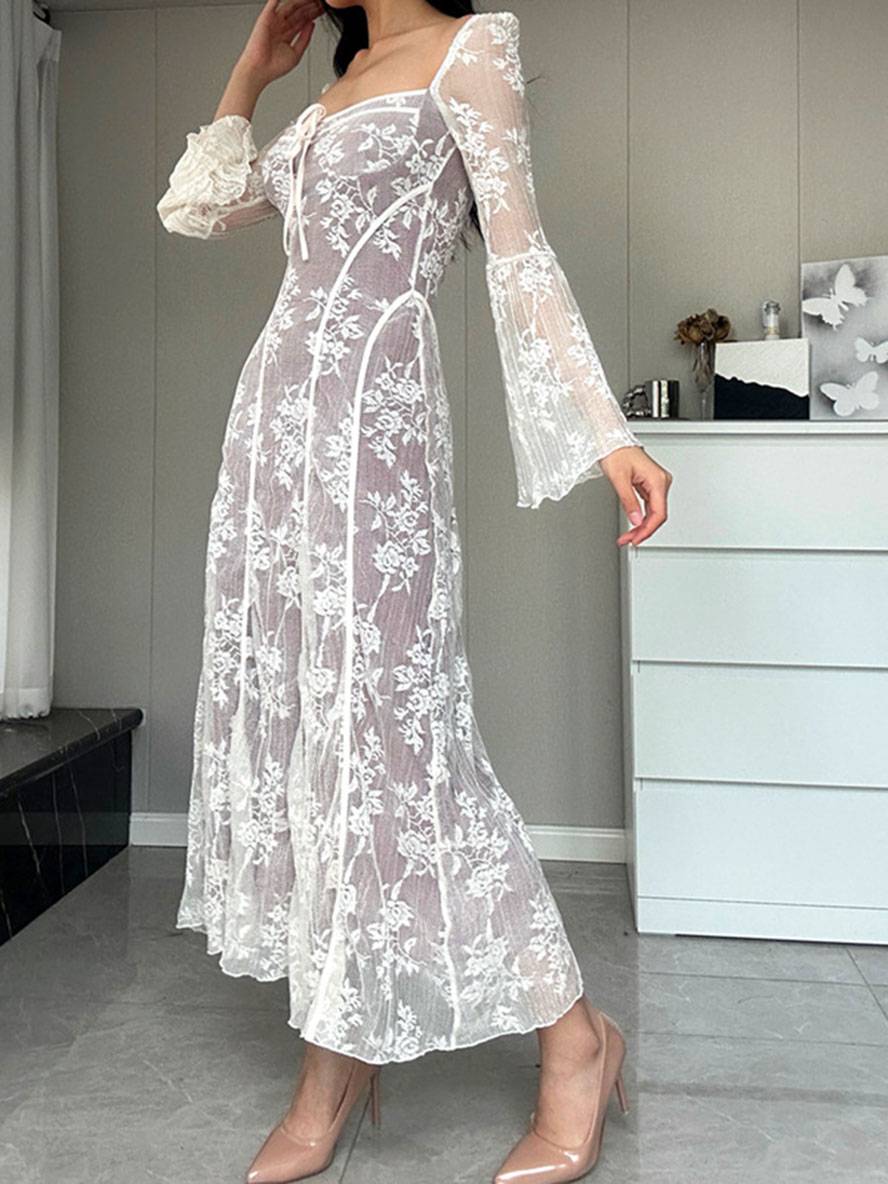 Levoire | Robe Longue En Dentelle Bustier Décolleté Carré Manches Évasées Manches Longues Élégant Vintage Bal De Fin D'Année