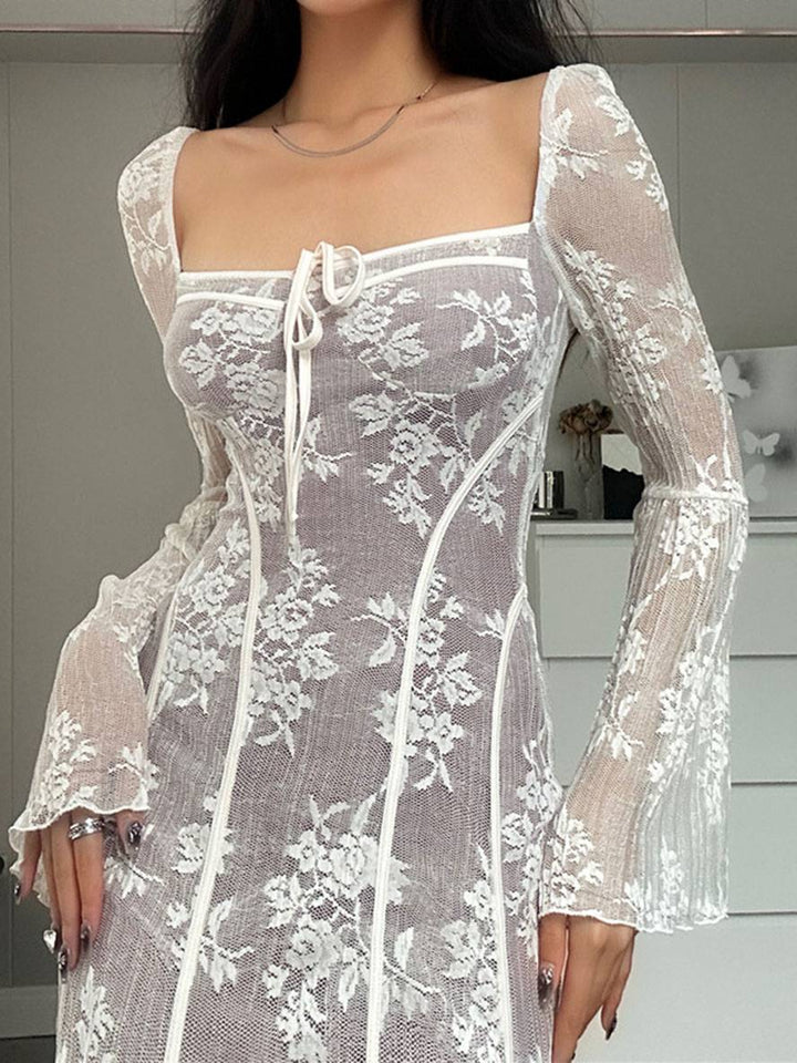 Levoire | Robe Longue En Dentelle Bustier Décolleté Carré Manches Évasées Manches Longues Élégant Vintage Bal De Fin D'Année