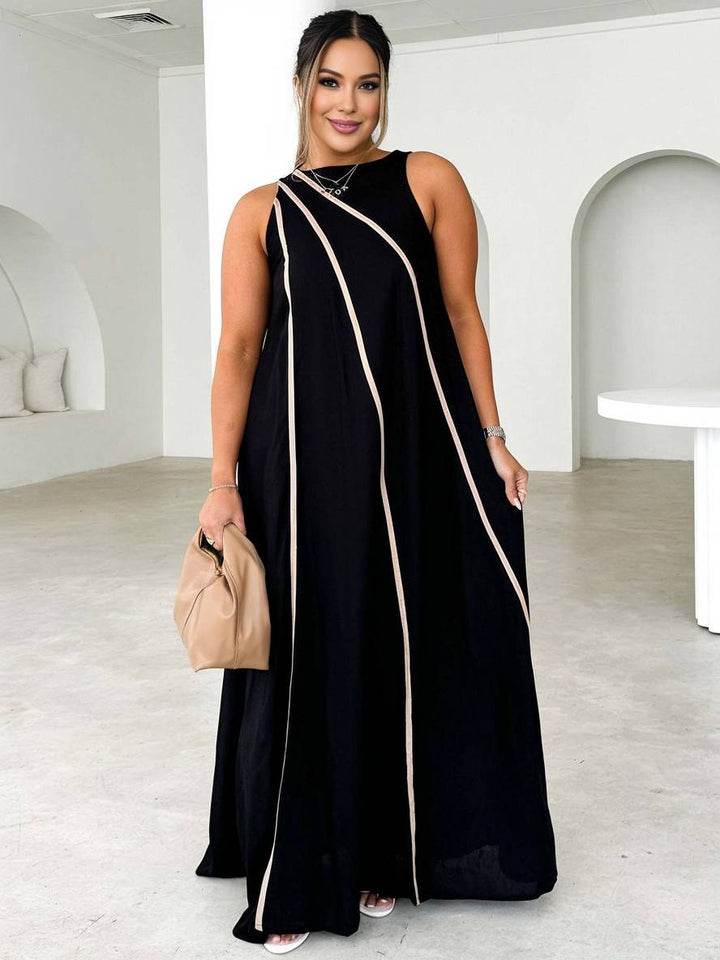 Levoire | Robe Longue À Rayures Col Rond Sans Manches Femme Élégante Décontractée Ample Plage Noir