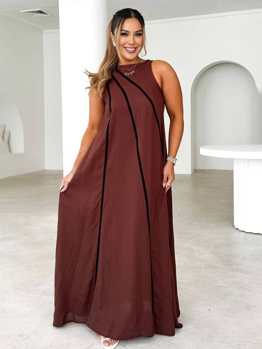 Levoire | Robe Longue À Rayures Col Rond Sans Manches Femme Élégante Décontractée Ample Plage Braun